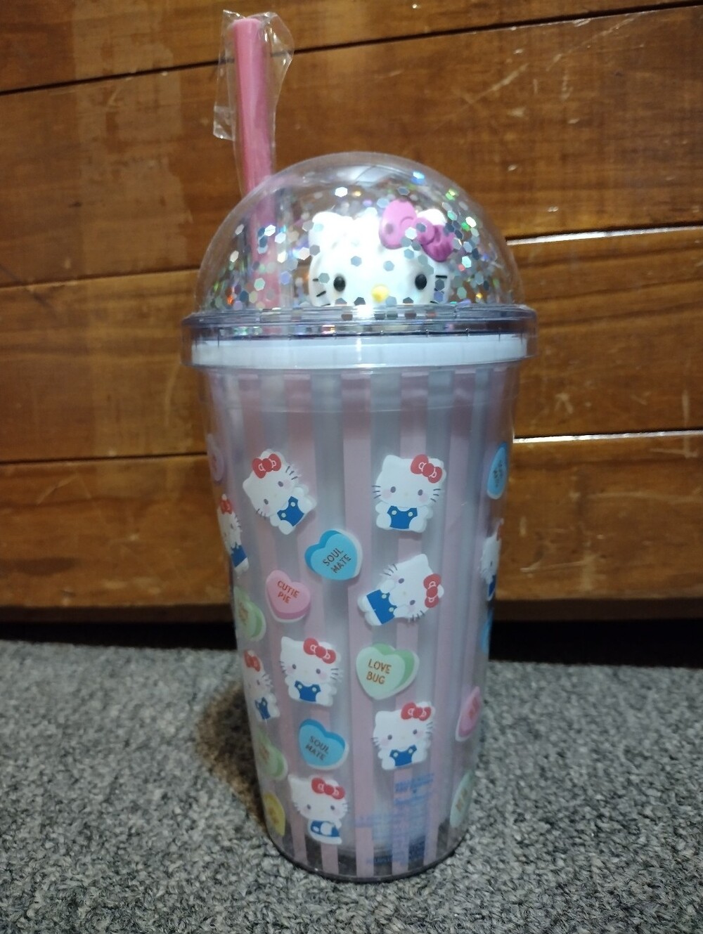 Hello Kitty Pink Striped Glitter Dome Tumbler with Reusable Straw 24 OZ
